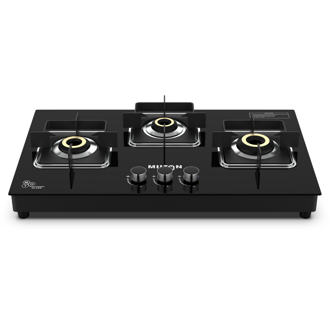 Milton Elite Top Hob 3 Burner gas stove with 8mm toughened glass top and brass burners