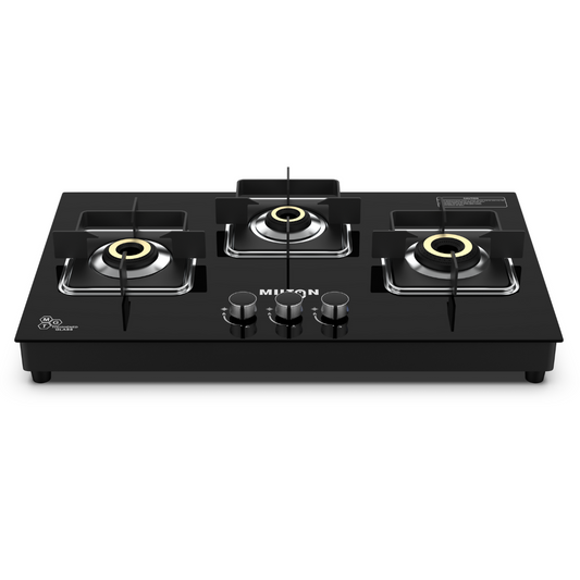 Milton Elite Top Hob 3 Burner gas stove with 8mm toughened glass top and brass burners