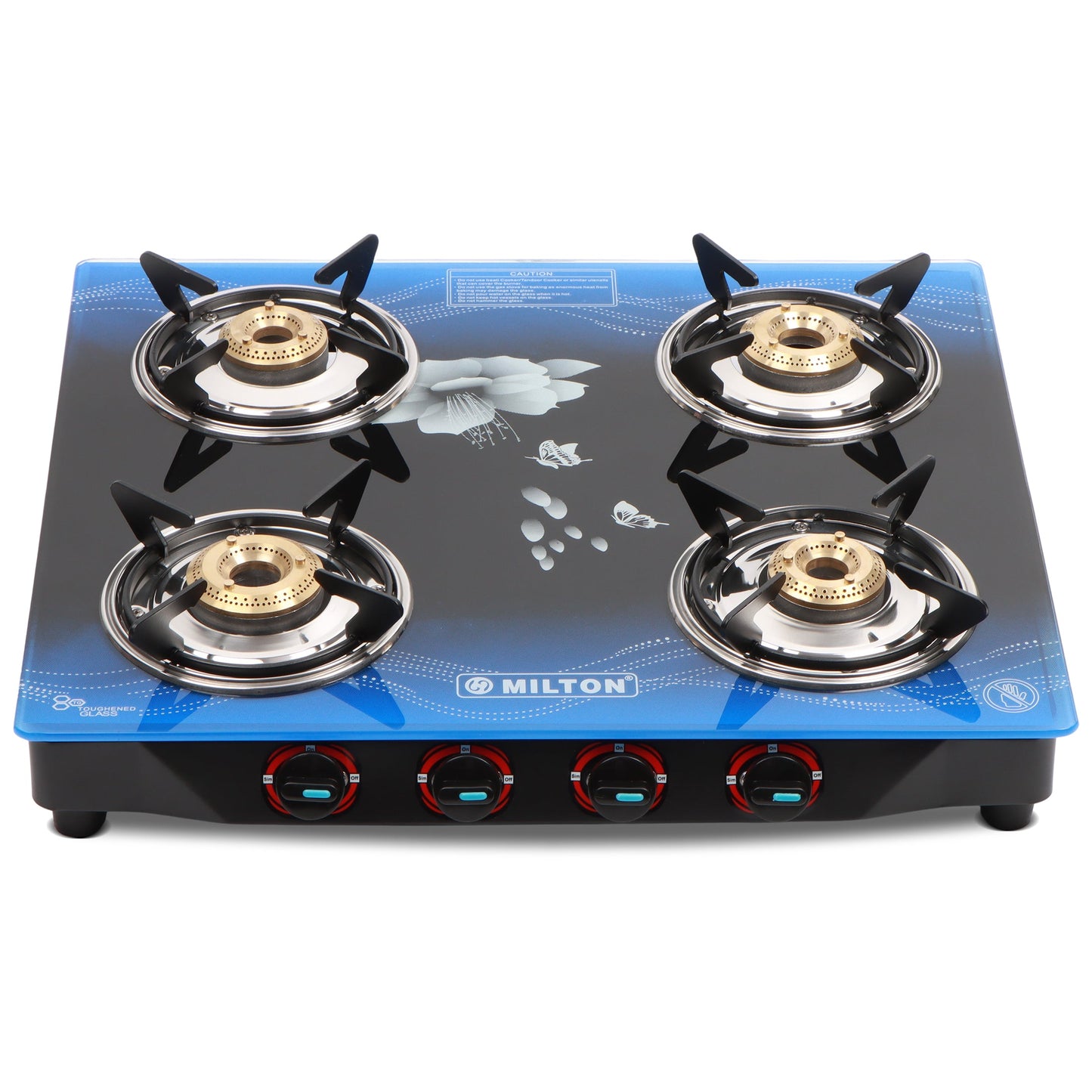 MILTON Premium 4 Burner Manual Ignition Glass Top Gas Stove in 3 color