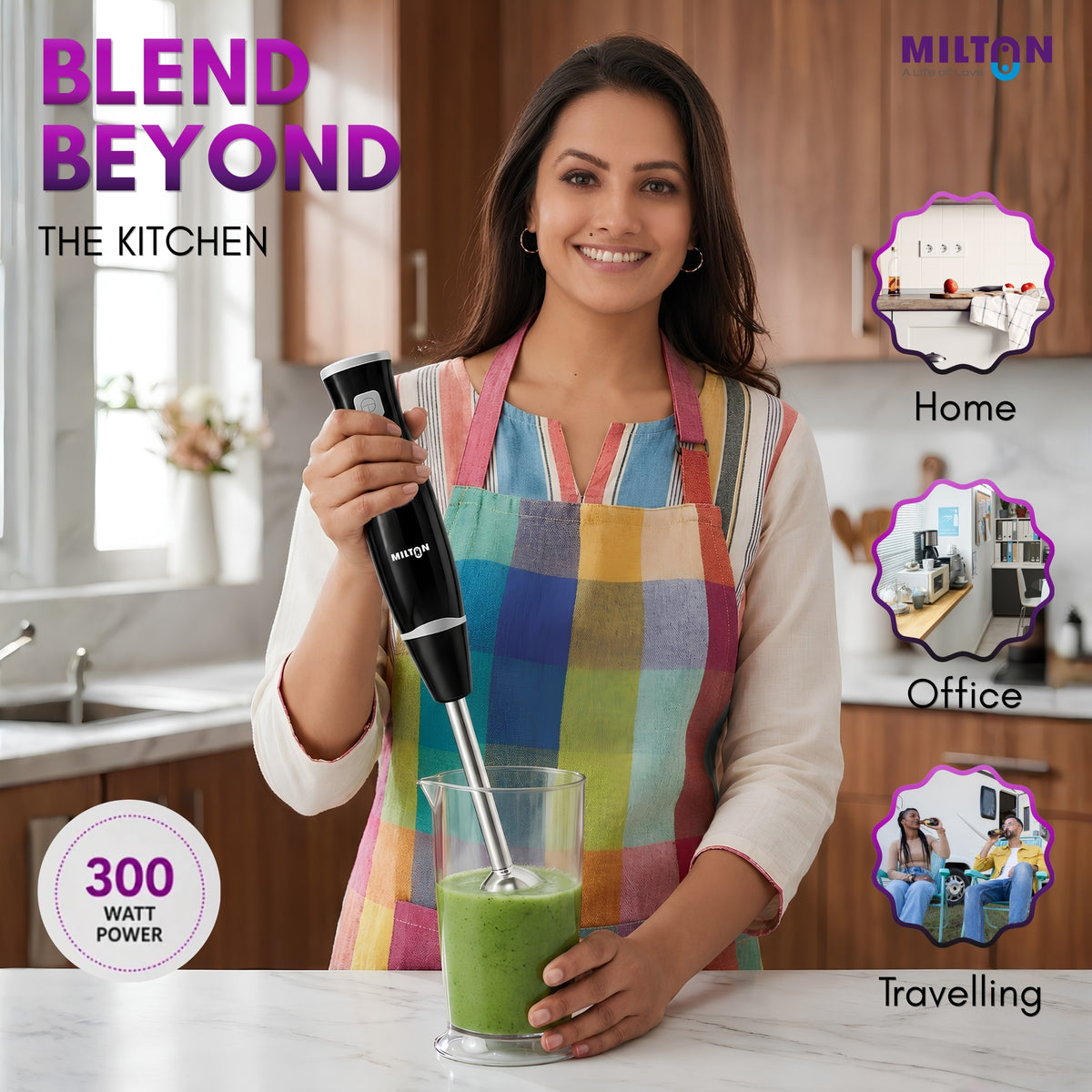 Milton Turbo 350W Hand Blender | 2-Speed Electric Mixer with Stainless Steel Blades | Portable, Lightweight & Easy-Clean for Smoothies, Juices