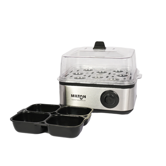 Milton Smart 8 Egg Boiler with transparent lid and stainless steel heating plate.