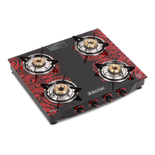 MILTON Premium 4 Burner Manual Ignition Glass Top Gas Stove in black and red with MS frame and four gas burners