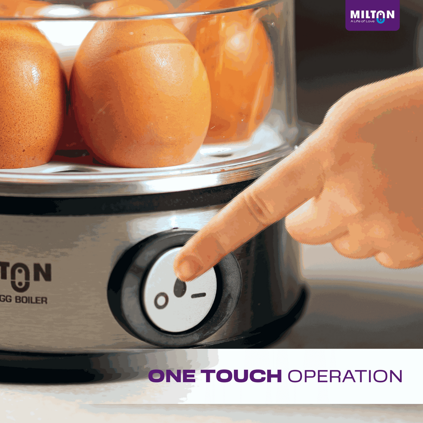 Milton Smart Instant Egg Boiler with stainless steel body boiling seven eggs with soft and hard boiled egg examples