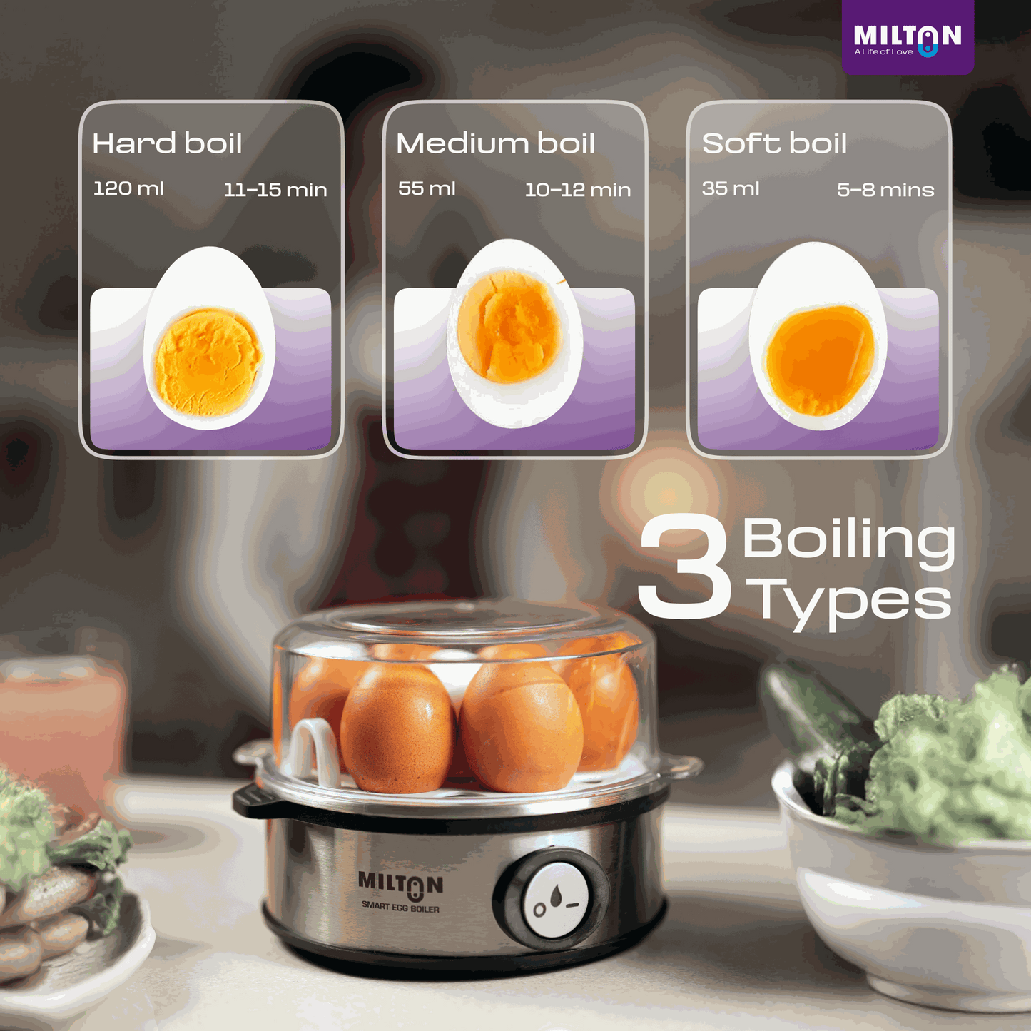 Milton Smart Instant Egg Boiler with stainless steel body boiling seven eggs with soft and hard boiled egg examples