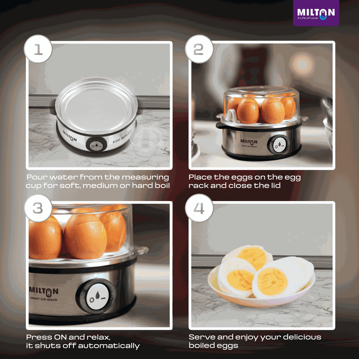 Milton Smart Instant Egg Boiler with stainless steel body boiling seven eggs with soft and hard boiled egg examples