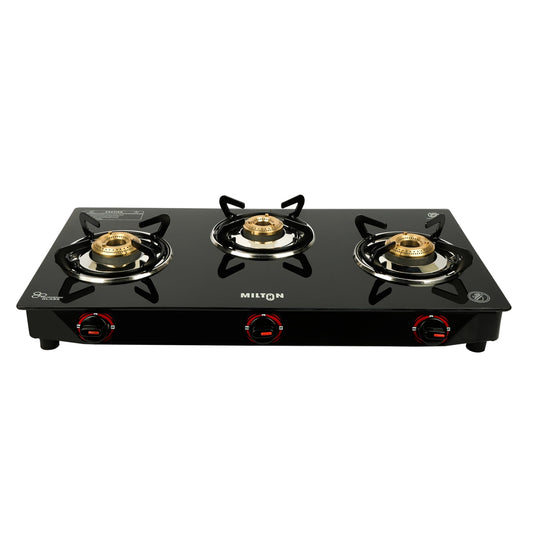 MILTON Premium 3 Burner Manual Ignition Glass Top Gas Stove in black with three brass burners and ergonomic knobs for precise flame control