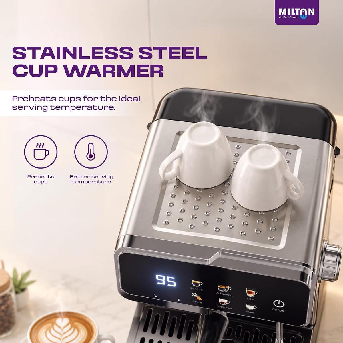 MILTON Crema Plus Espresso Coffee Maker | 20 Bar, 1350W, 1.6L, Touch Display & Steam Wand