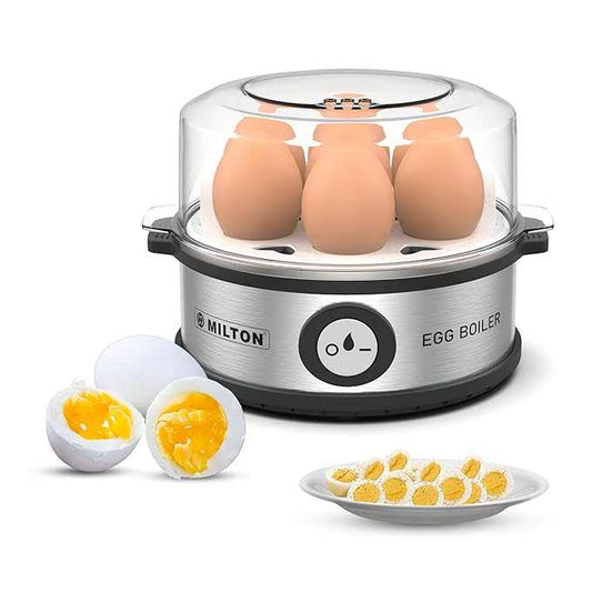 Milton Smart Instant Egg Boiler with stainless steel body, clear lid, and capacity to boil 7 eggs at once with options for soft, medium, and hard boiling modes