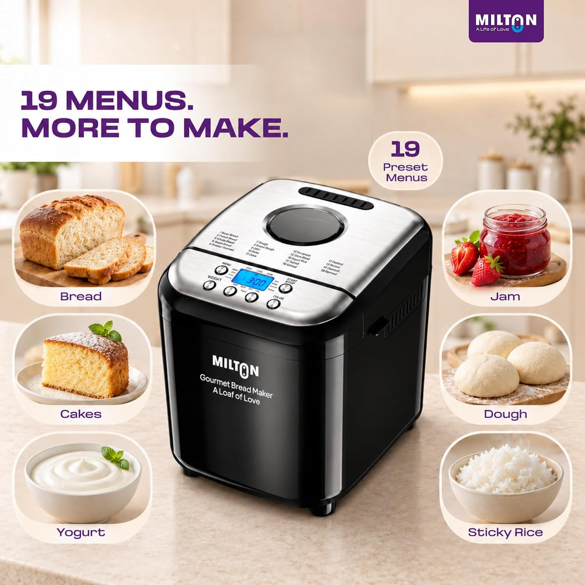 Milton Gourmet 19-in-1 Automatic Bread Maker Machine, 600W