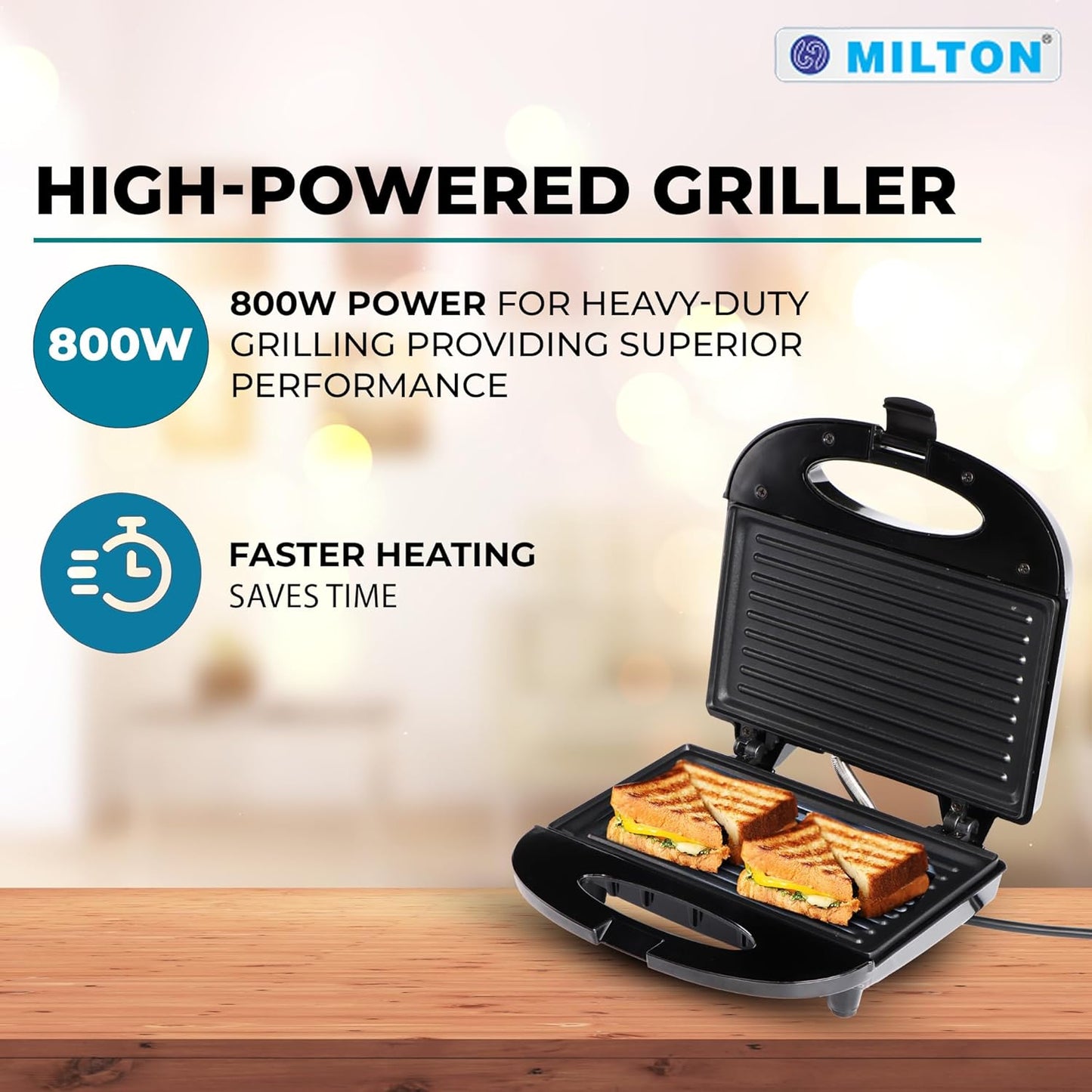 MILTON Express 800 Watt Griller Sandwich Maker | Hassle-Free-Cleaning