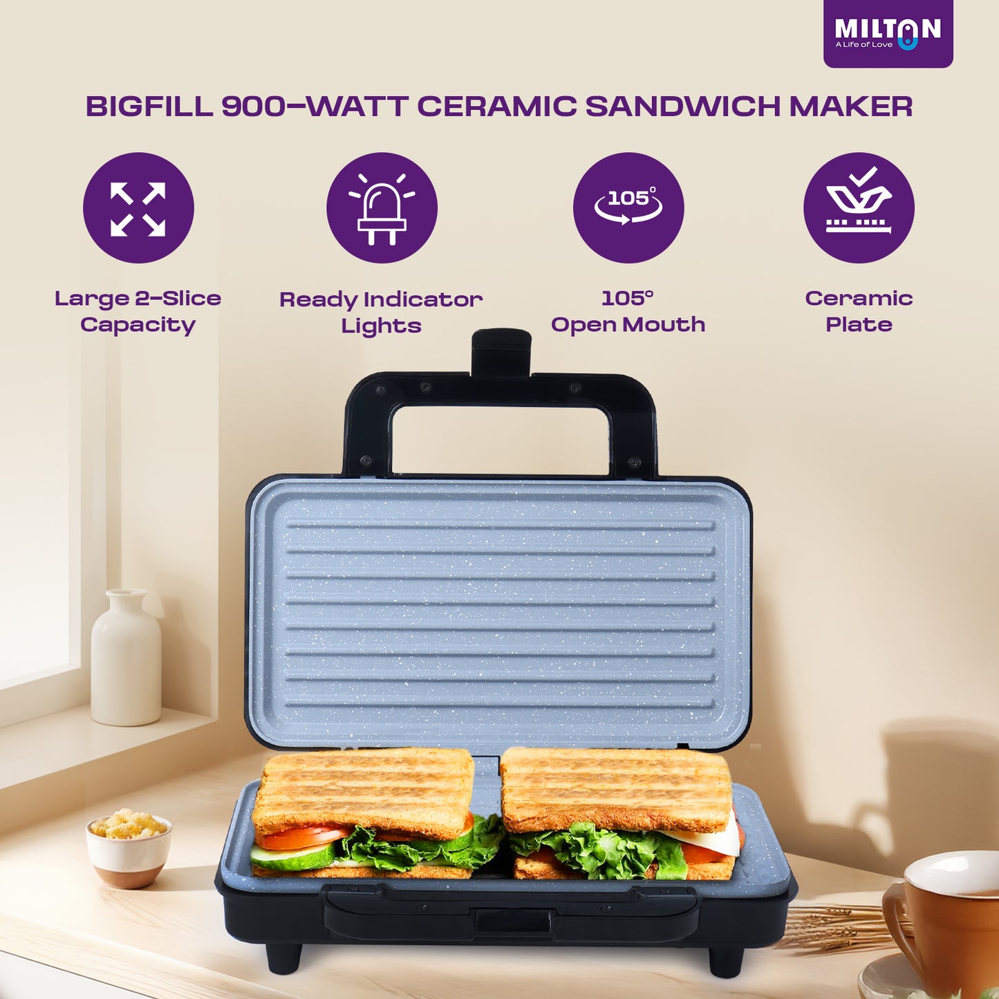 Milton Plus Bigfill 900W Ceramic Grill Sandwich Maker