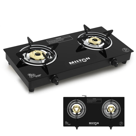 Milton Premium Pro 2 black glass top gas stove with two brass burners and manual ignition