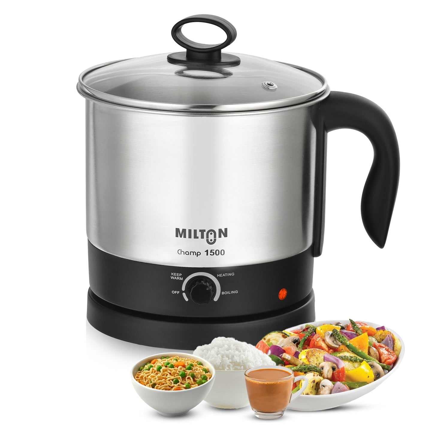 Milton Champ 1500 Watt Electric Multicooker Cum Steamer with adjustable temperature, stainless steel body, and multipurpose design for boiling, steaming, and frying.