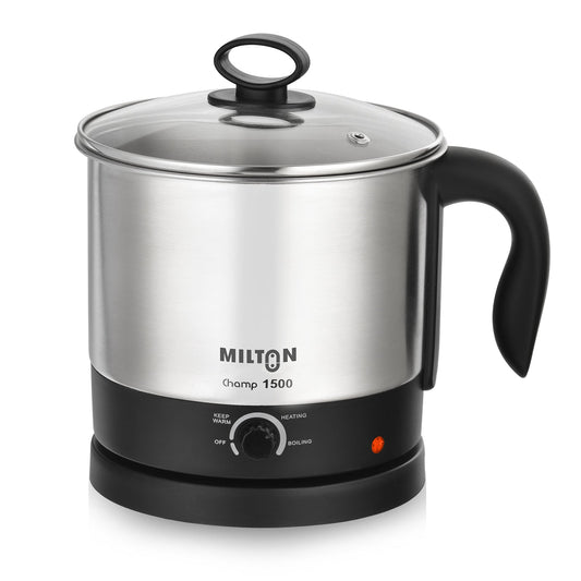 Milton Champ 1500 Watt Electric Multicooker Cum Steamer with adjustable temperature, stainless steel body, and multipurpose design for boiling, steaming, and frying.