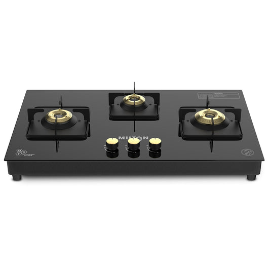 Milton Champion Top Hob 3 Burner gas stove with black glass top and manual ignition knobs