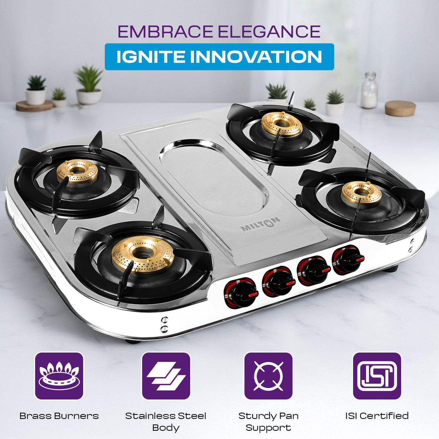 MILTON Royal Stainless Steel 4 Burners Gas Stove with Manual Ignition