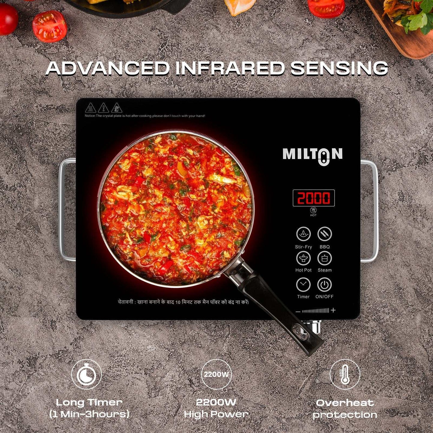 MILTON Classic 2200 Watt Infrared Cooktop with crystal glass surface and touch panel, offering fast heating and modern design for smart cooking.