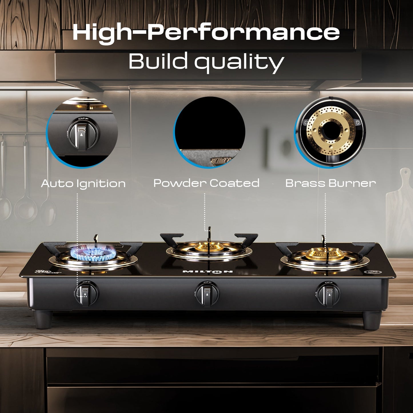 Milton Premium Pro 3 Burners Auto Ignition Gas Stove High Safety Valve