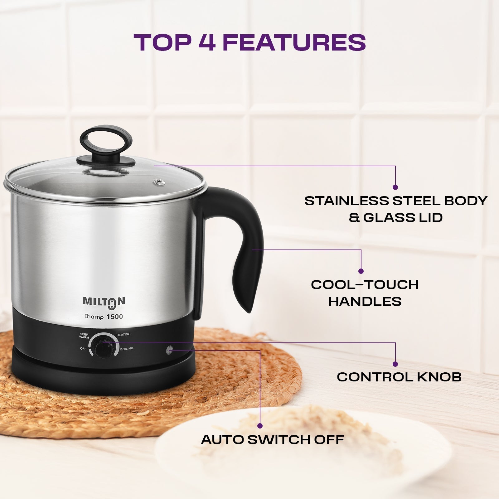 Milton Champ 1500 Watt Electric Multicooker Cum Steamer with adjustable temperature, stainless steel body, and multipurpose design for boiling, steaming, and frying.