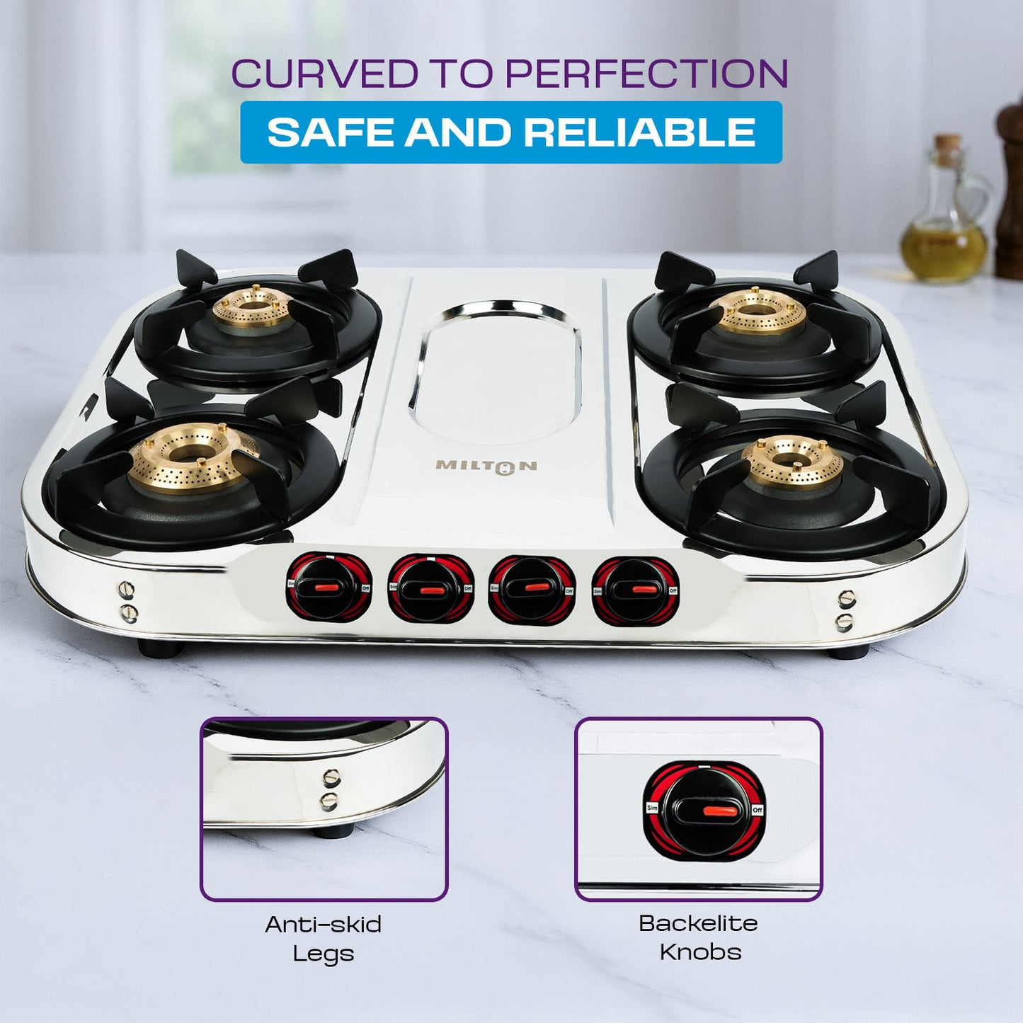MILTON Royal Stainless Steel 4 Burners Gas Stove with Manual Ignition