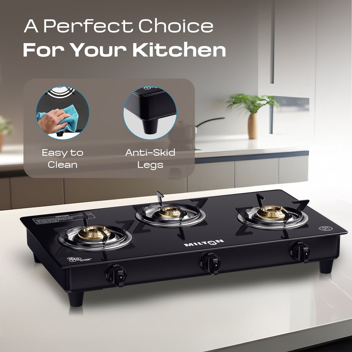Milton Premium Pro 3 Burners Auto Ignition Gas Stove High Safety Valve