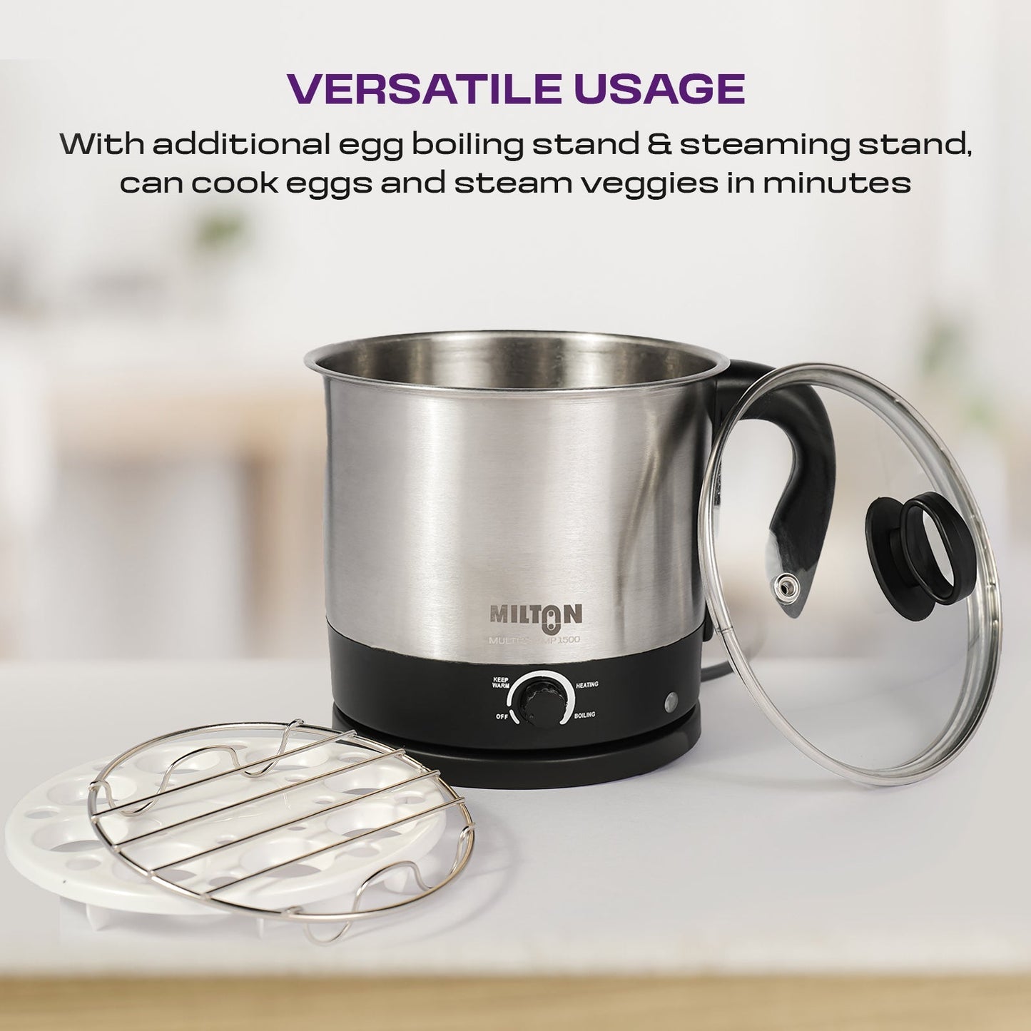 Milton Champ 1500 Watt Electric Multicooker Cum Steamer with adjustable temperature, stainless steel body, and multipurpose design for boiling, steaming, and frying.
