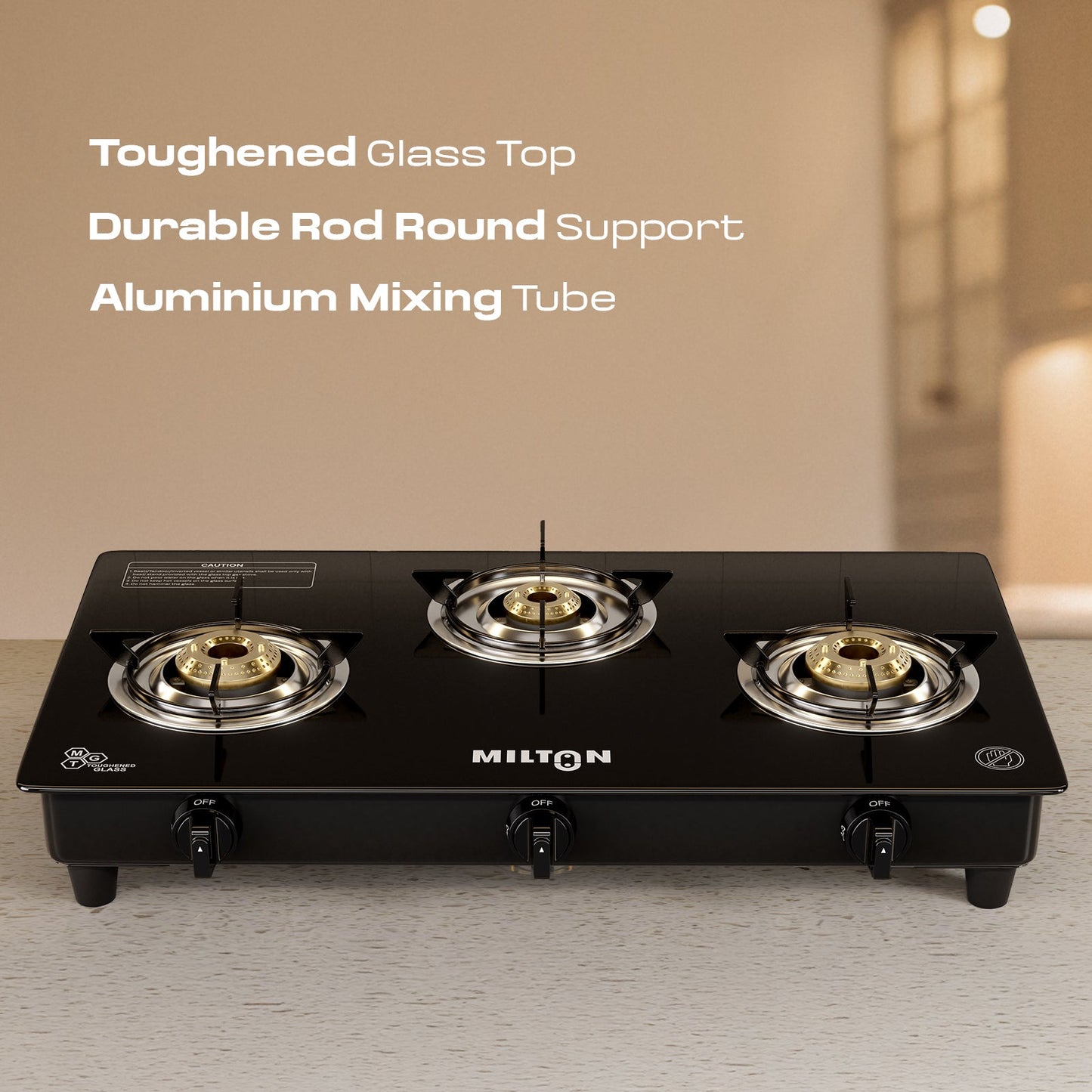 Milton Premium Pro 3 Burners Auto Ignition Gas Stove High Safety Valve