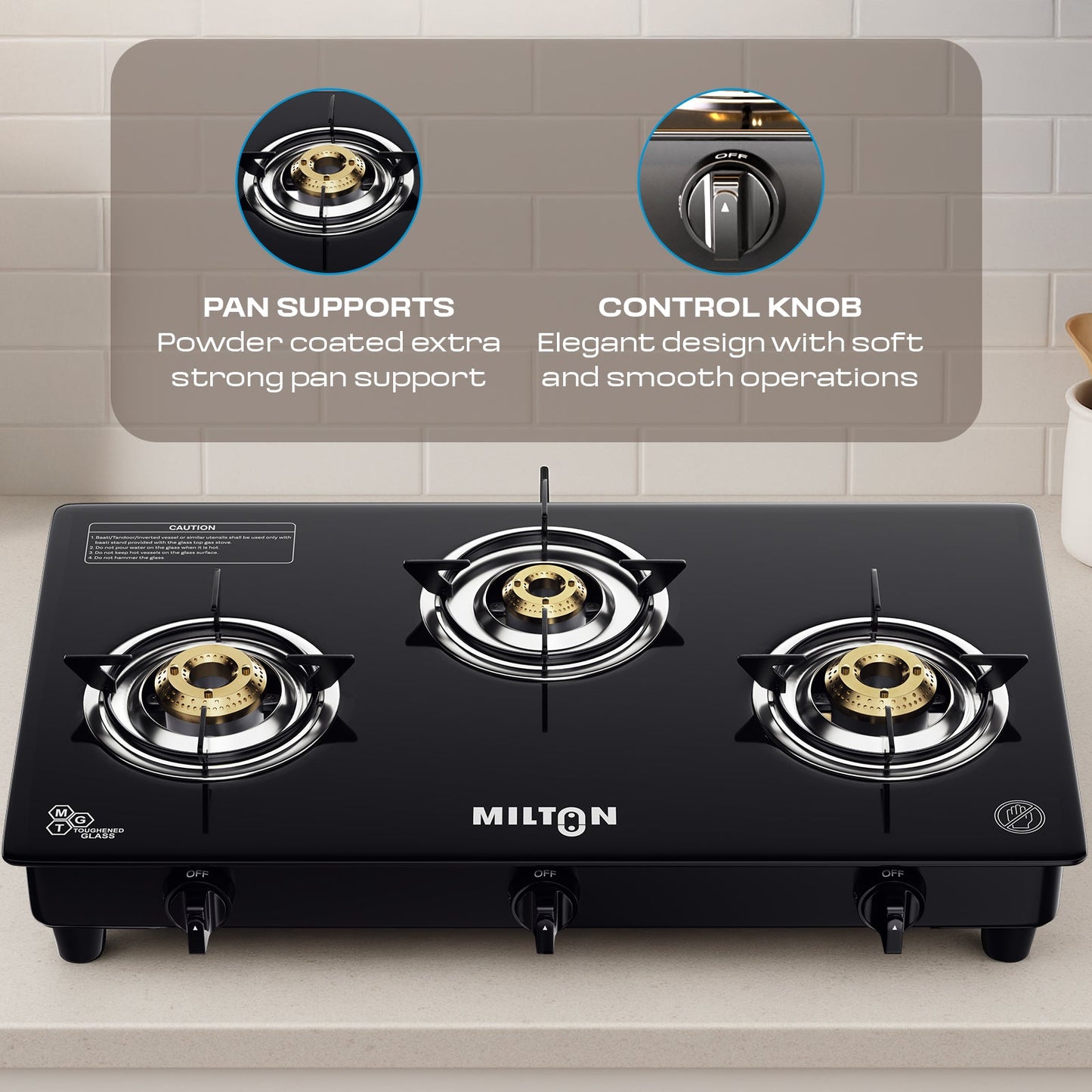 Milton Premium Pro 3 Burners Auto Ignition Gas Stove High Safety Valve