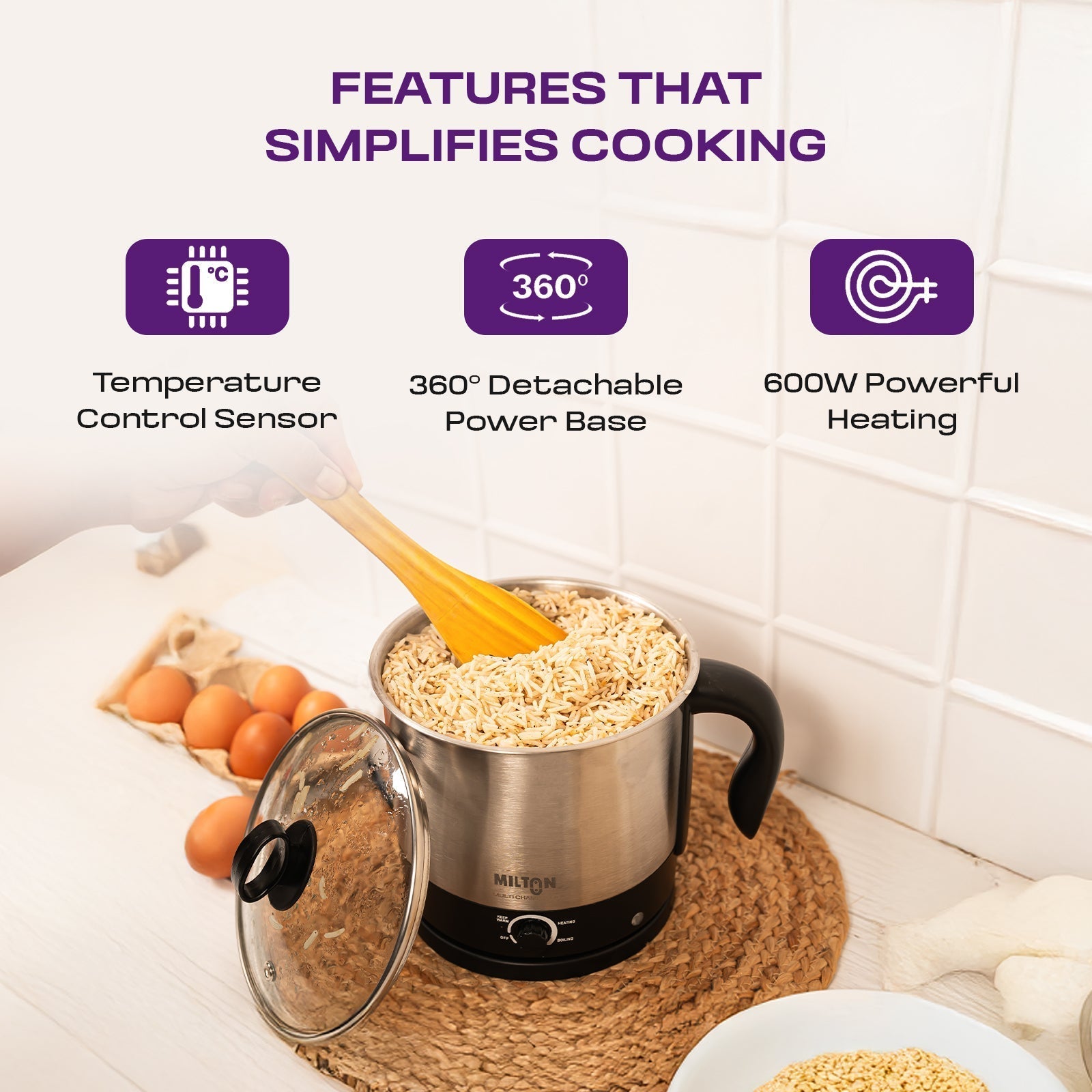 Milton Champ 1500 Watt Electric Multicooker Cum Steamer with adjustable temperature, stainless steel body, and multipurpose design for boiling, steaming, and frying.