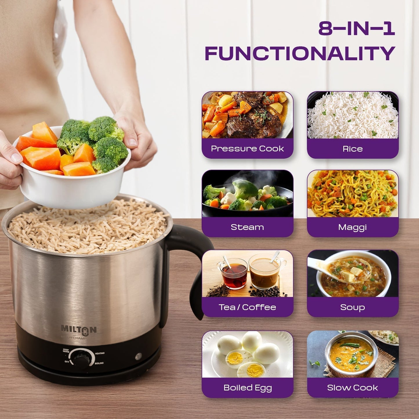 Milton Champ 1500 Watt Electric Multicooker Cum Steamer with adjustable temperature, stainless steel body, and multipurpose design for boiling, steaming, and frying.