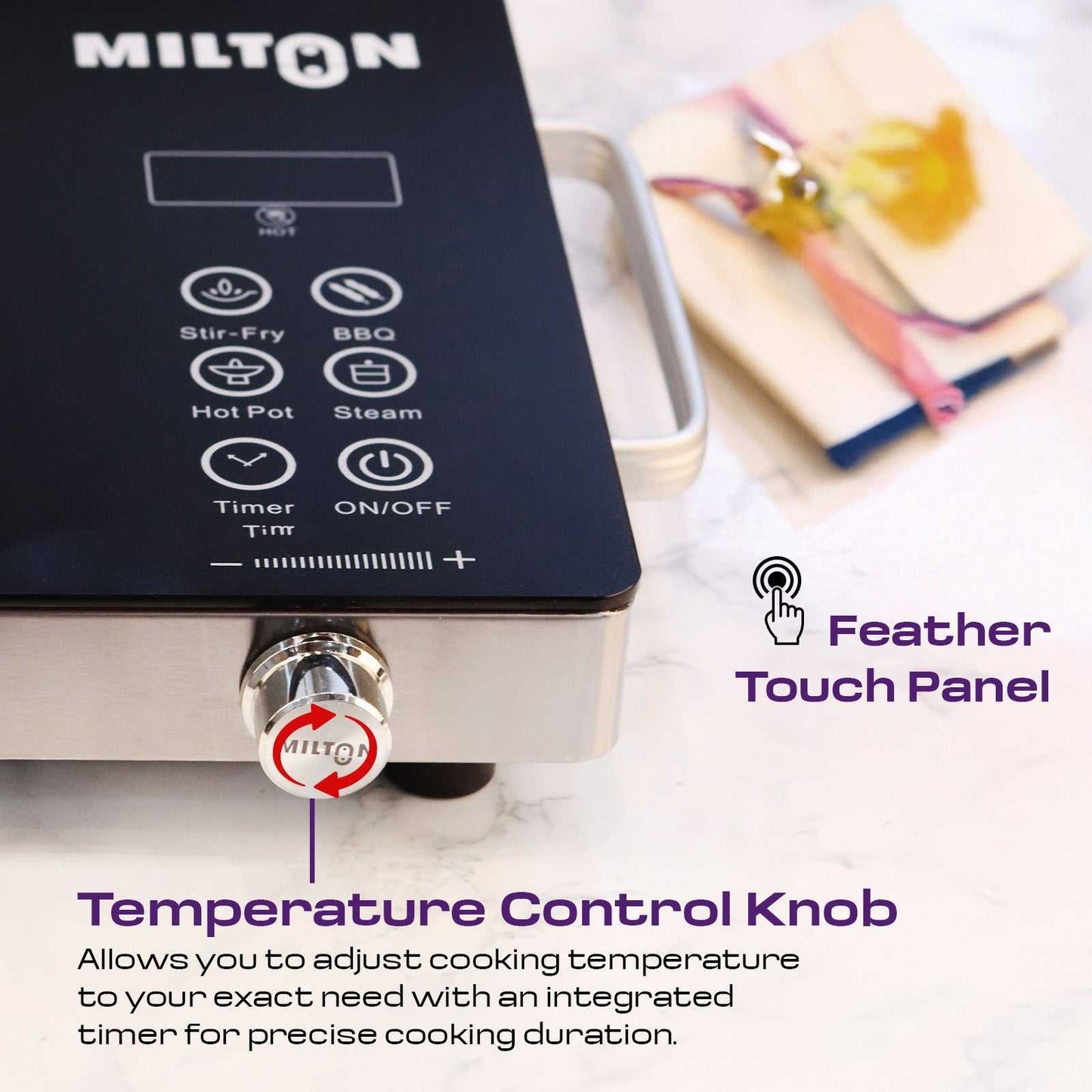MILTON Classic 2200 Watt Infrared Cooktop with crystal glass surface and touch panel, offering fast heating and modern design for smart cooking.
