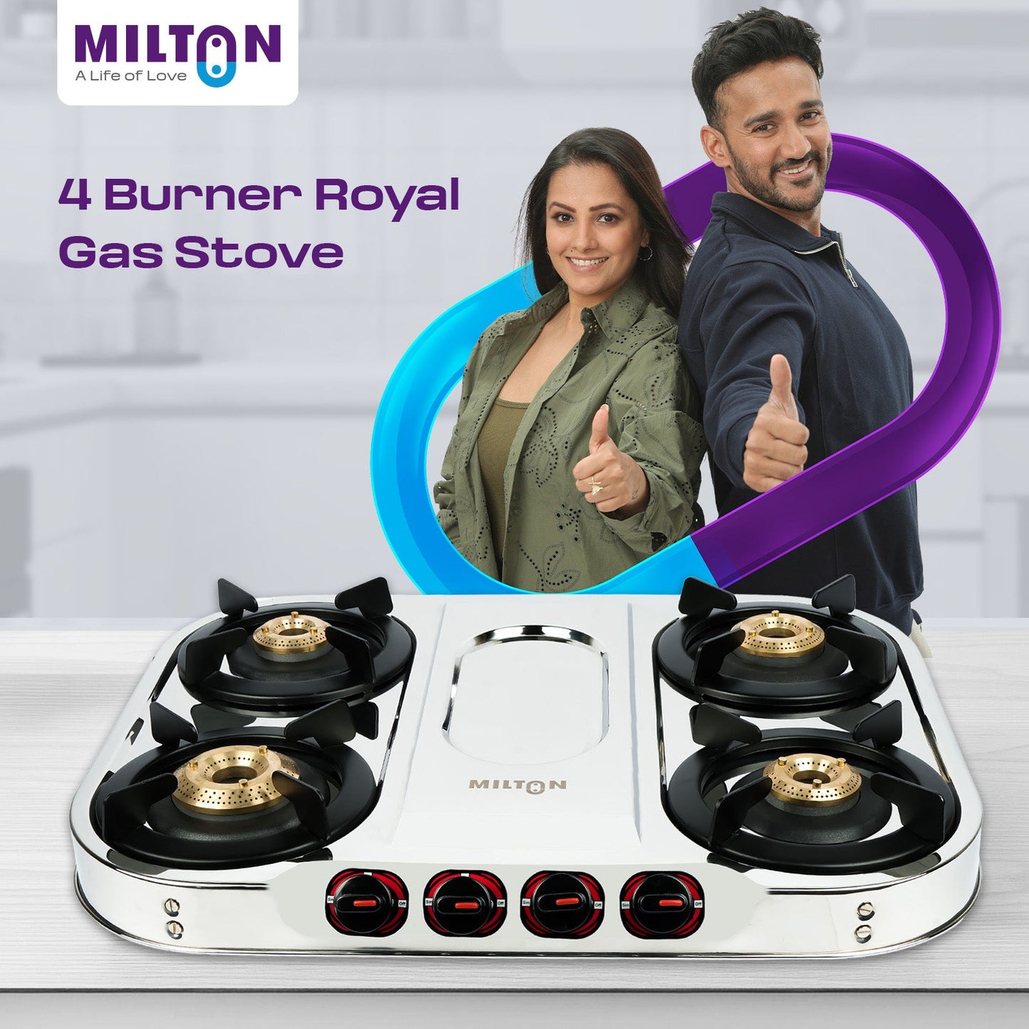 MILTON Royal Stainless Steel 4 Burners Gas Stove with Manual Ignition