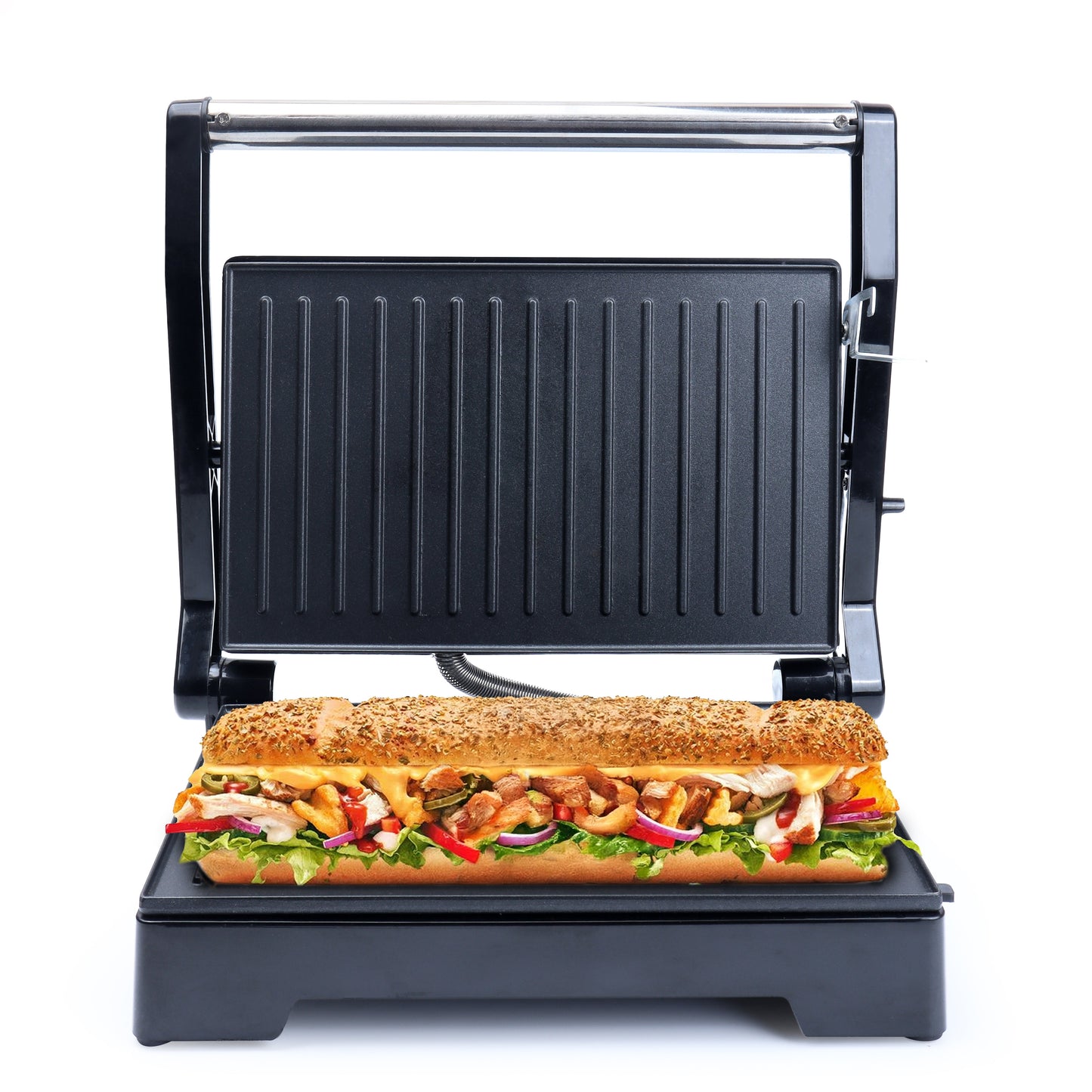 Milton Premium 800W Panini Press with open grill plates grilling a sandwich with vegetables and grilled chicken