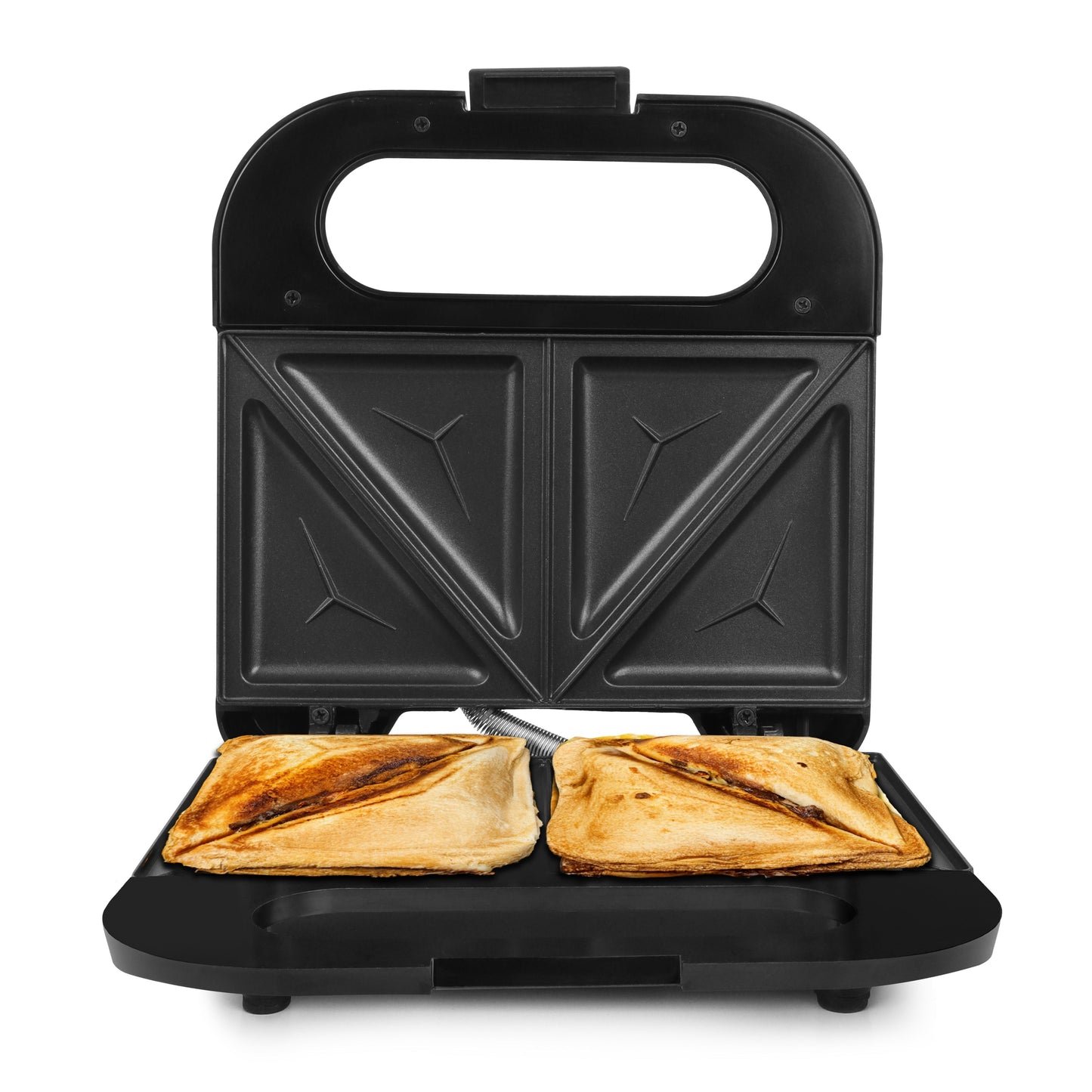 Milton Royal Pro 800W 2-Slice Triangular Sandwich Maker with non-stick plates and toasted sandwiches inside