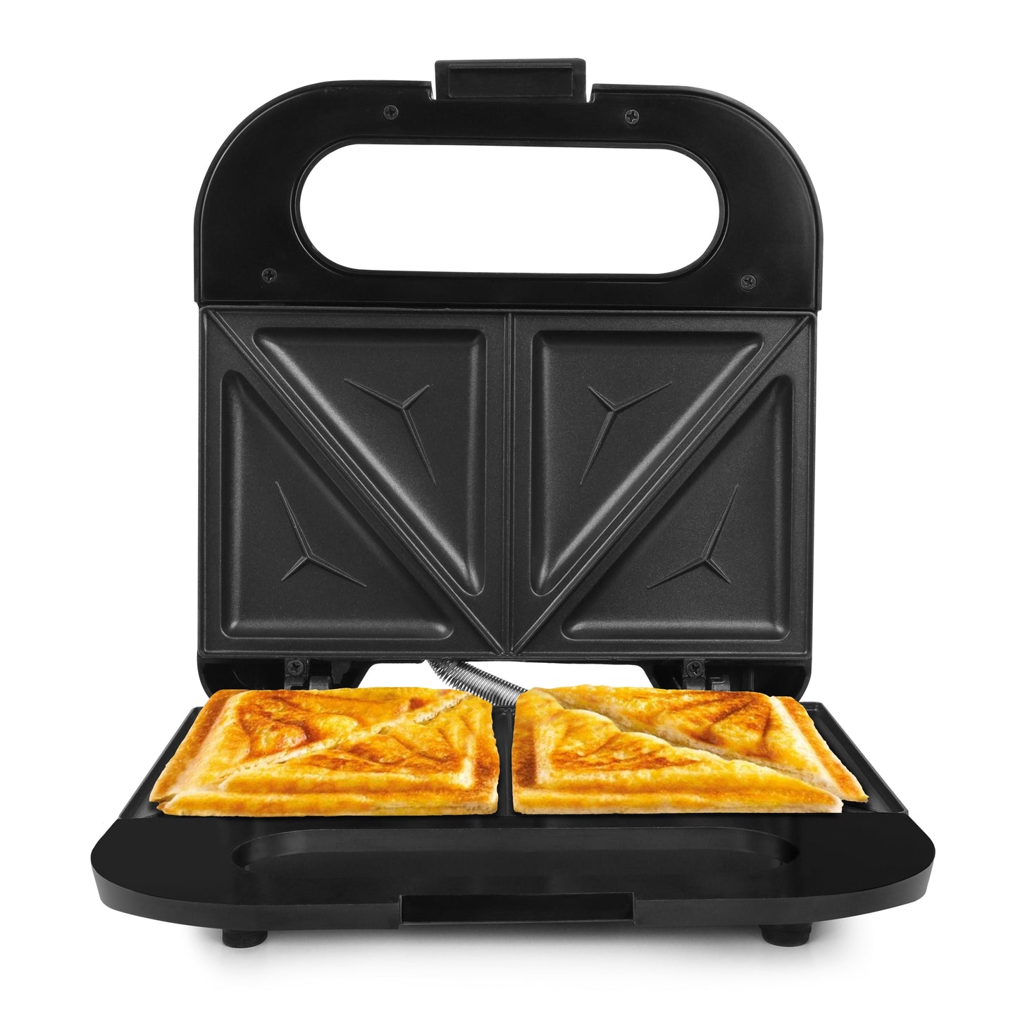 Milton Royal Express 800W sandwich maker with two triangular toasted sandwiches and non-stick grill plates