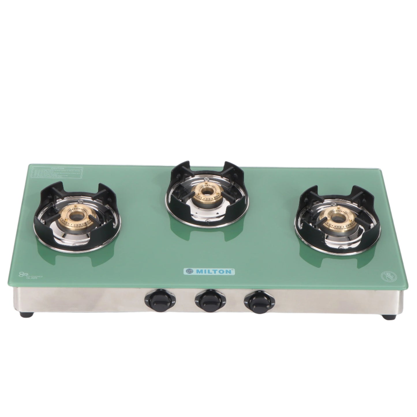 MILTON Crysto 3 Burners Gas Stove with green toughened glass top and brass burners, manual ignition and knob controls