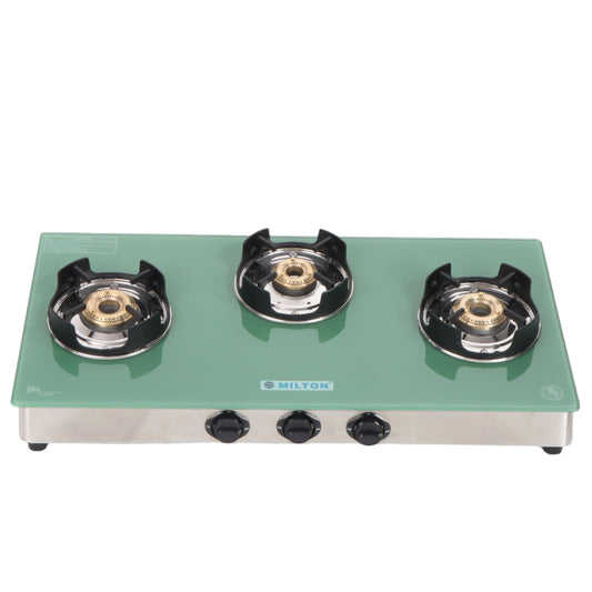 MILTON Crysto 3 Burners Gas Stove with green toughened glass top and brass burners, manual ignition and knob controls