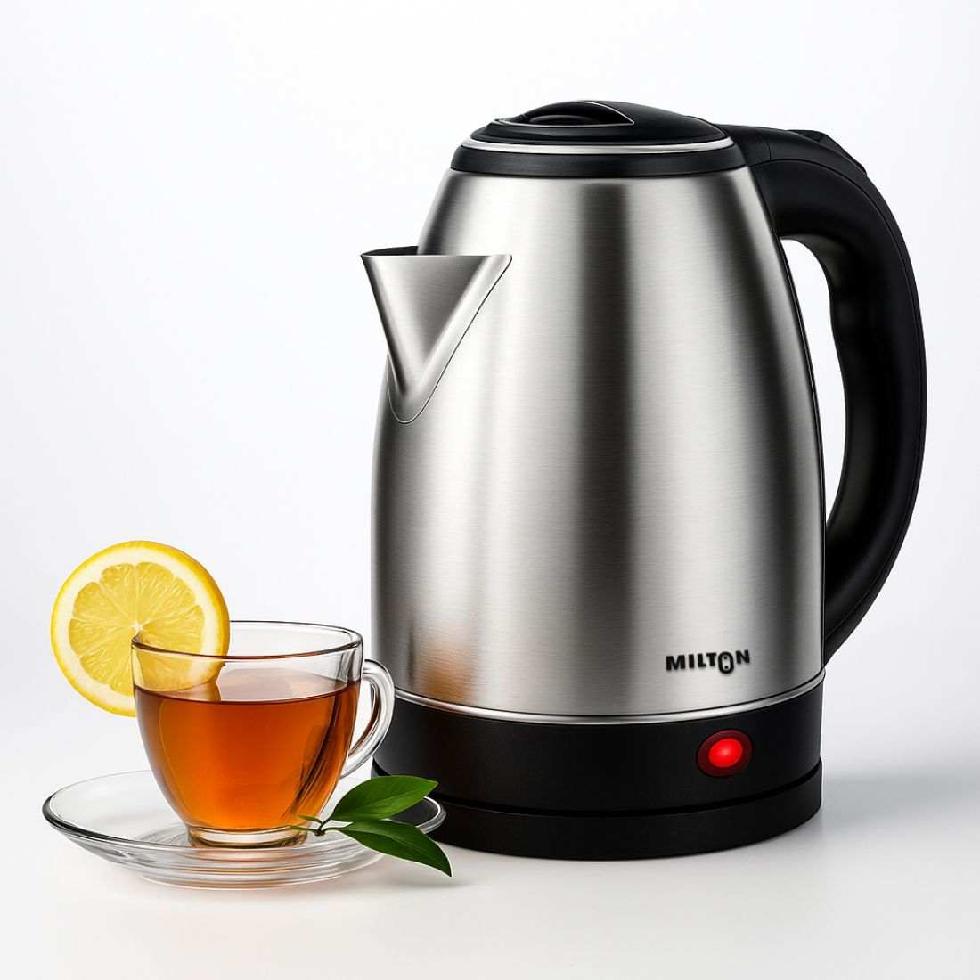 Milton Electric Rapid Kettle with stainless steel body and hot tea, a stylish hot water electric kettle for everyday kitchen use.