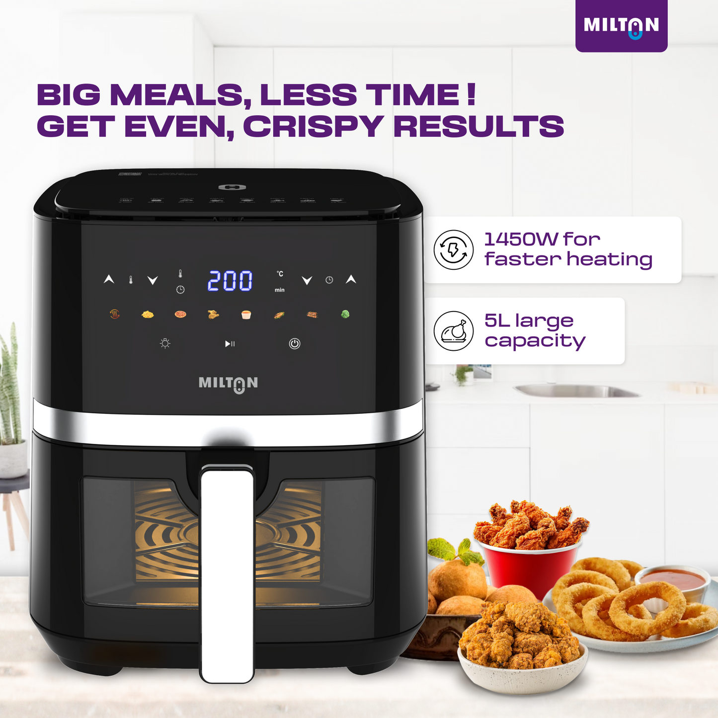 Milton Rapid 5L Air Fryer with digital display and large capacity for oil-free frying, ideal for healthy cooking at home with fast heating and easy controls.