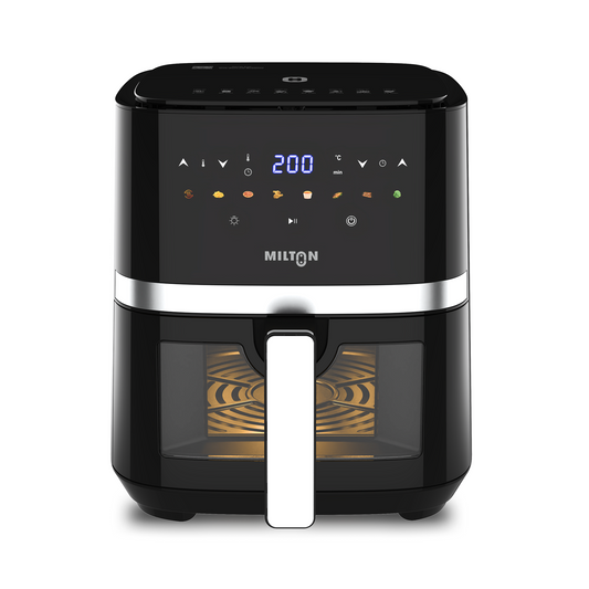 Milton Rapid 5L Air Fryer with digital display and large capacity for oil-free frying, ideal for healthy cooking at home with fast heating and easy controls.