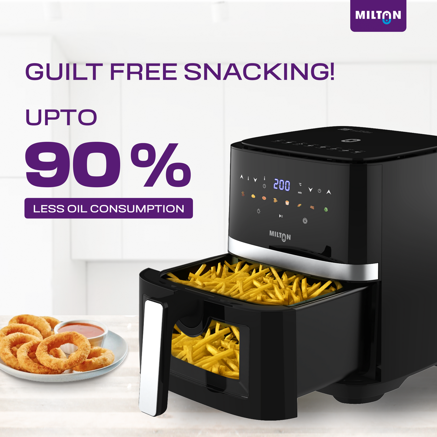 Milton Rapid 5L Air Fryer with digital display and large capacity for oil-free frying, ideal for healthy cooking at home with fast heating and easy controls.