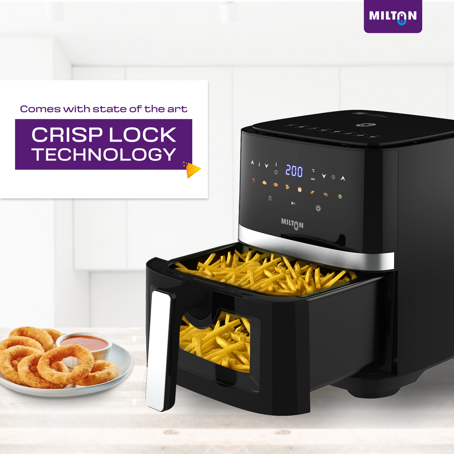 Milton Rapid 5L Air Fryer with digital display and large capacity for oil-free frying, ideal for healthy cooking at home with fast heating and easy controls.