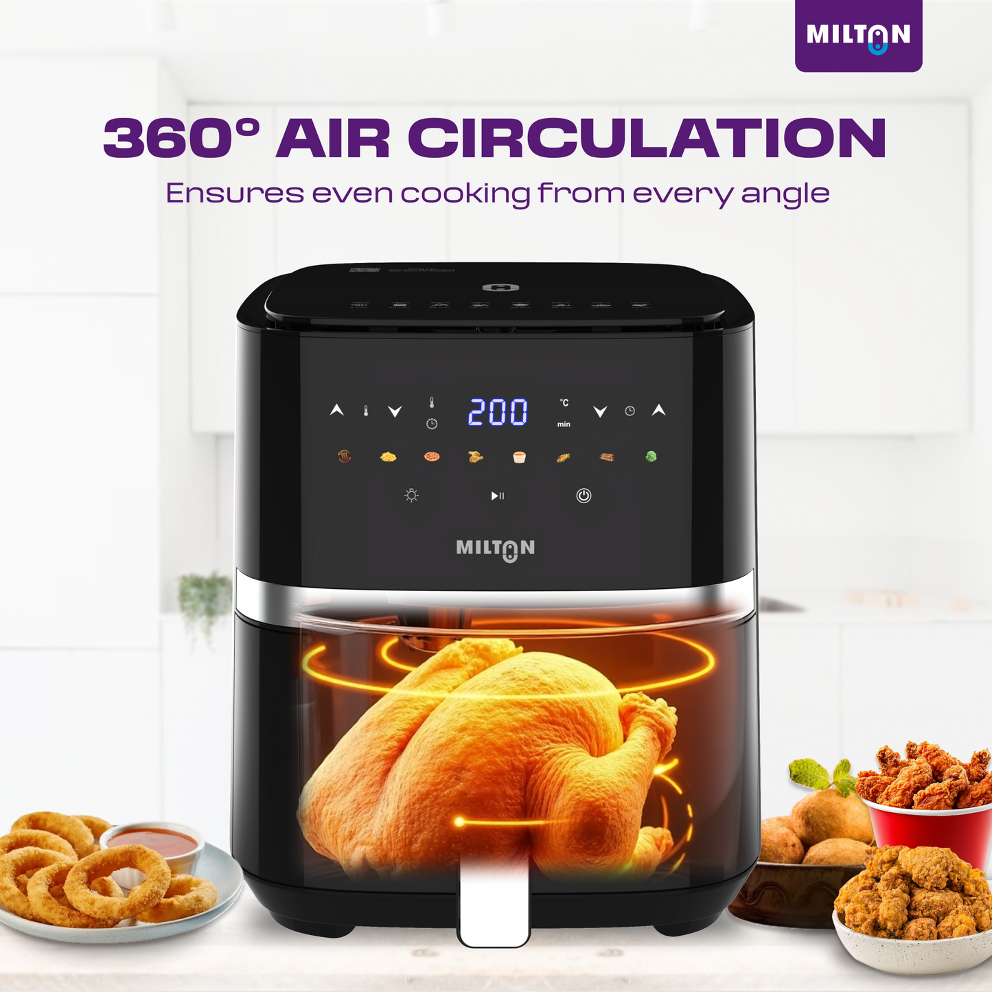 Milton Rapid 5L Air Fryer with digital display and large capacity for oil-free frying, ideal for healthy cooking at home with fast heating and easy controls.