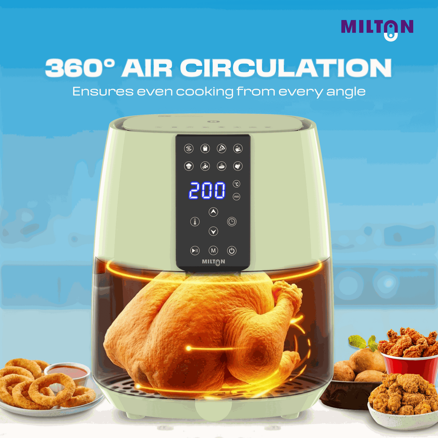 Milton Rapid 4L air fryer green on white background, showing compact digital interface and basket.