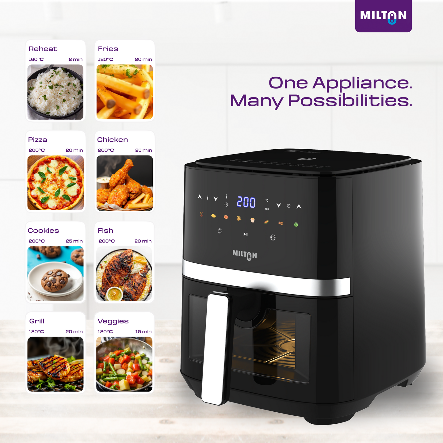 Milton Rapid 5L Air Fryer with digital display and large capacity for oil-free frying, ideal for healthy cooking at home with fast heating and easy controls.