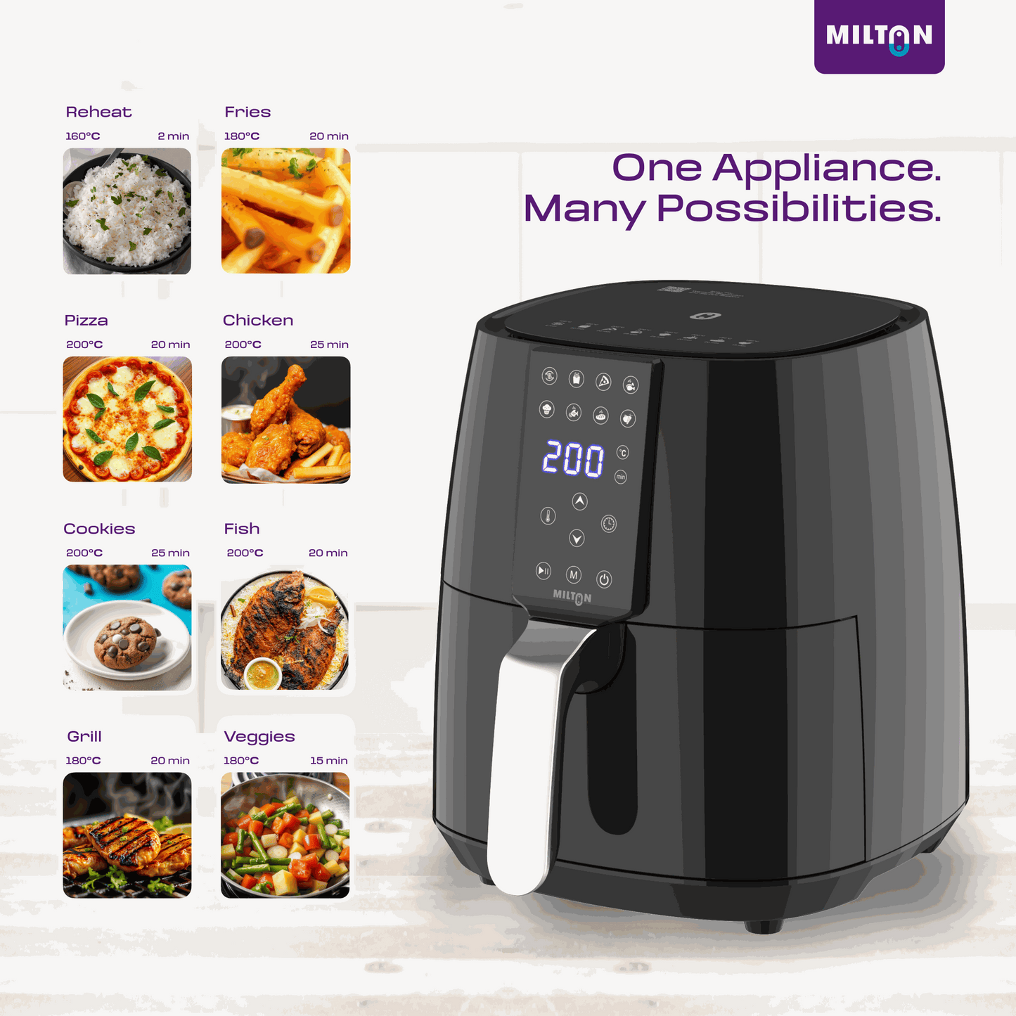 Milton Rapid 4L Air Fryer black with digital touch controls and compact square design.