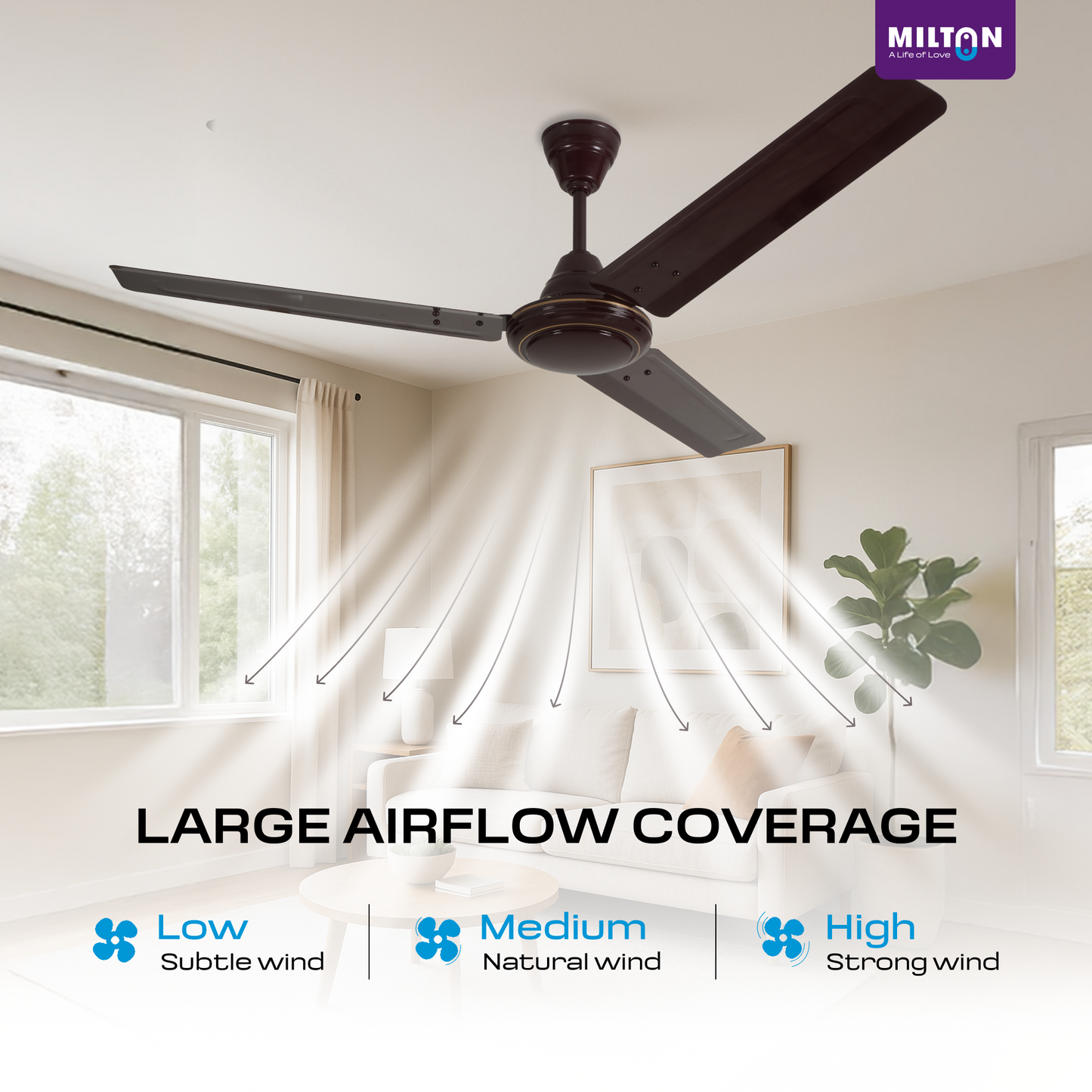 MILTON Brezza 1200mm Ceiling Fan – High-Speed, Silent & Stylish Cooling