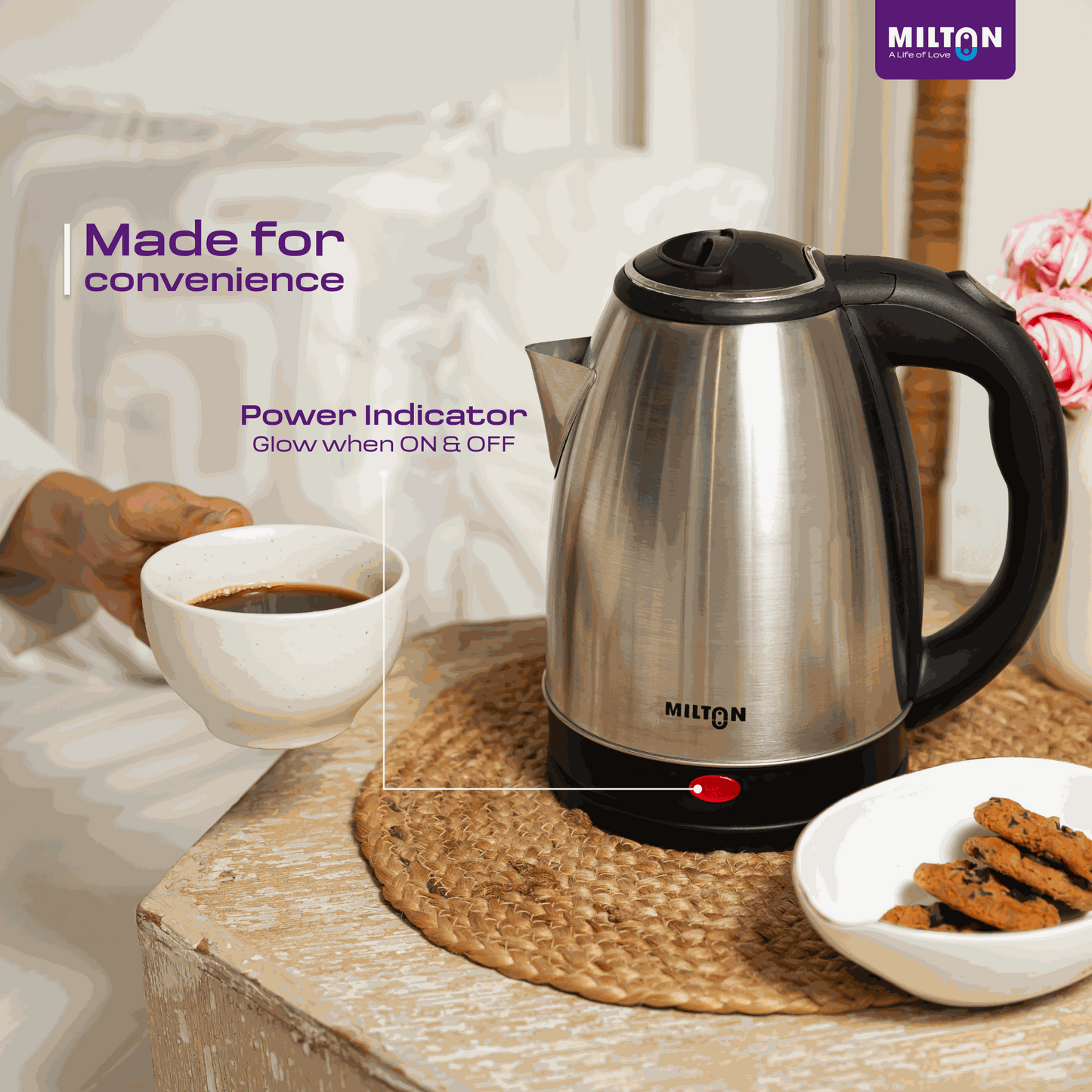 Milton Rapid  Electric Kettle showing key features like 1.8L capacity, 1500W power, auto cut-off, and 360° base — a premium electric kettle choice.
