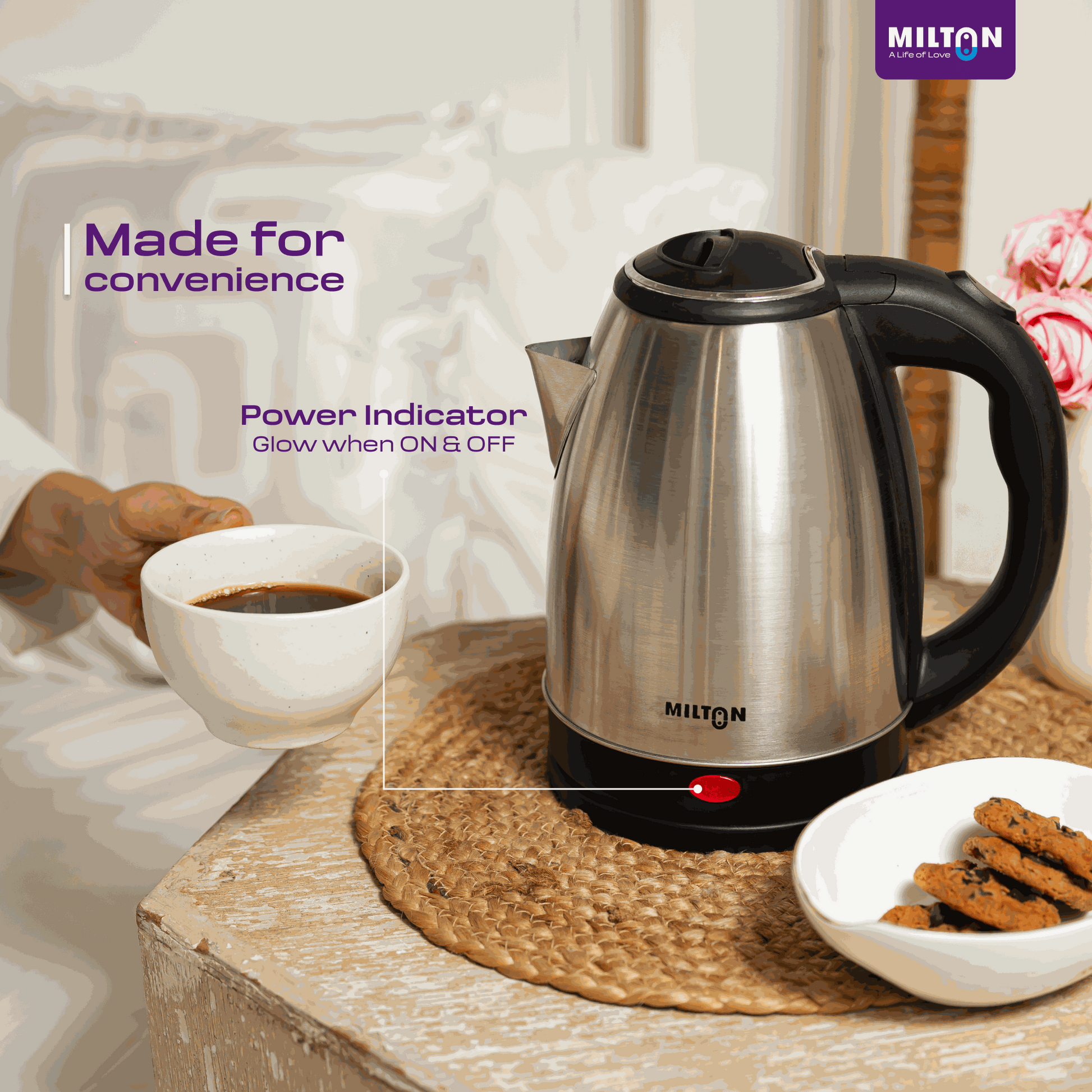 Milton Rapid  Electric Kettle showing key features like 1.8L capacity, 1500W power, auto cut-off, and 360° base — a premium electric kettle choice.