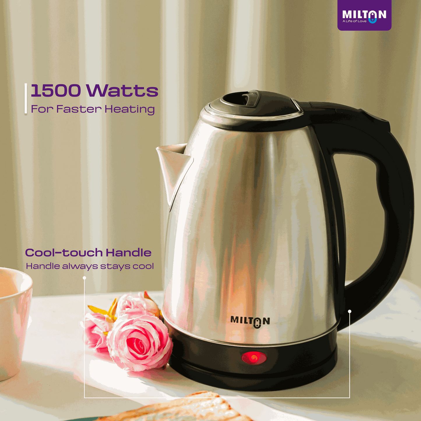 Elegant water Rapid Electric Kettle by Milton with cool-touch handle and brushed steel finish, ideal for home or office.